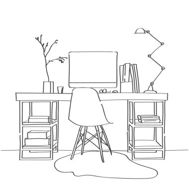 Modern çalışma alanı elle çizilmiş kroki 