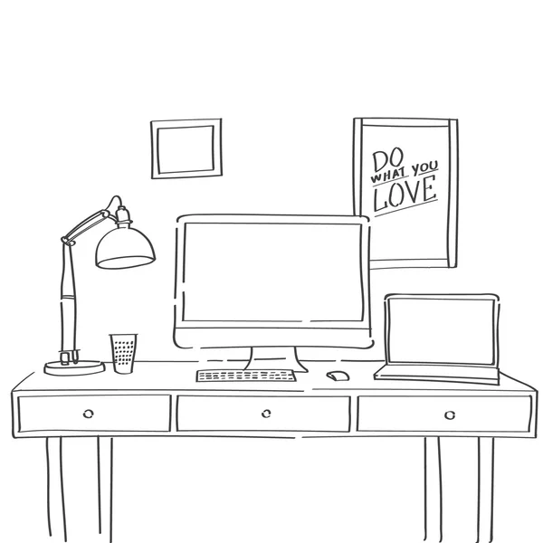 Esquisse dessinée à la main d'un espace de travail confortable avec table de travail, lampe et affiches de motivation sur un mur. Illustration main espace de travail aube . — Image vectorielle