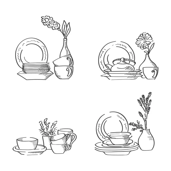 Набор посуды со свежими цветами . — стоковый вектор