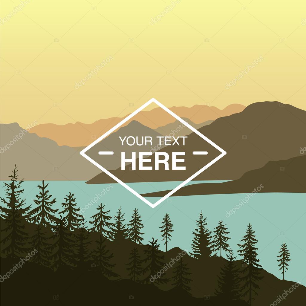 Landscape illustration of mountains near the lake at the sunset with copy space in the centre. You can use it like background for your logo, banner, or for landing page.