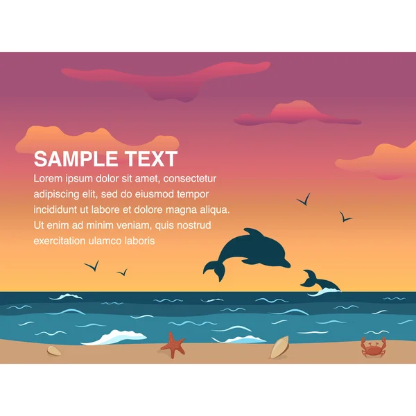 Fantastisk havet solnedgång scen med hoppande delfiner rektangel sammansättning — Stock vektor