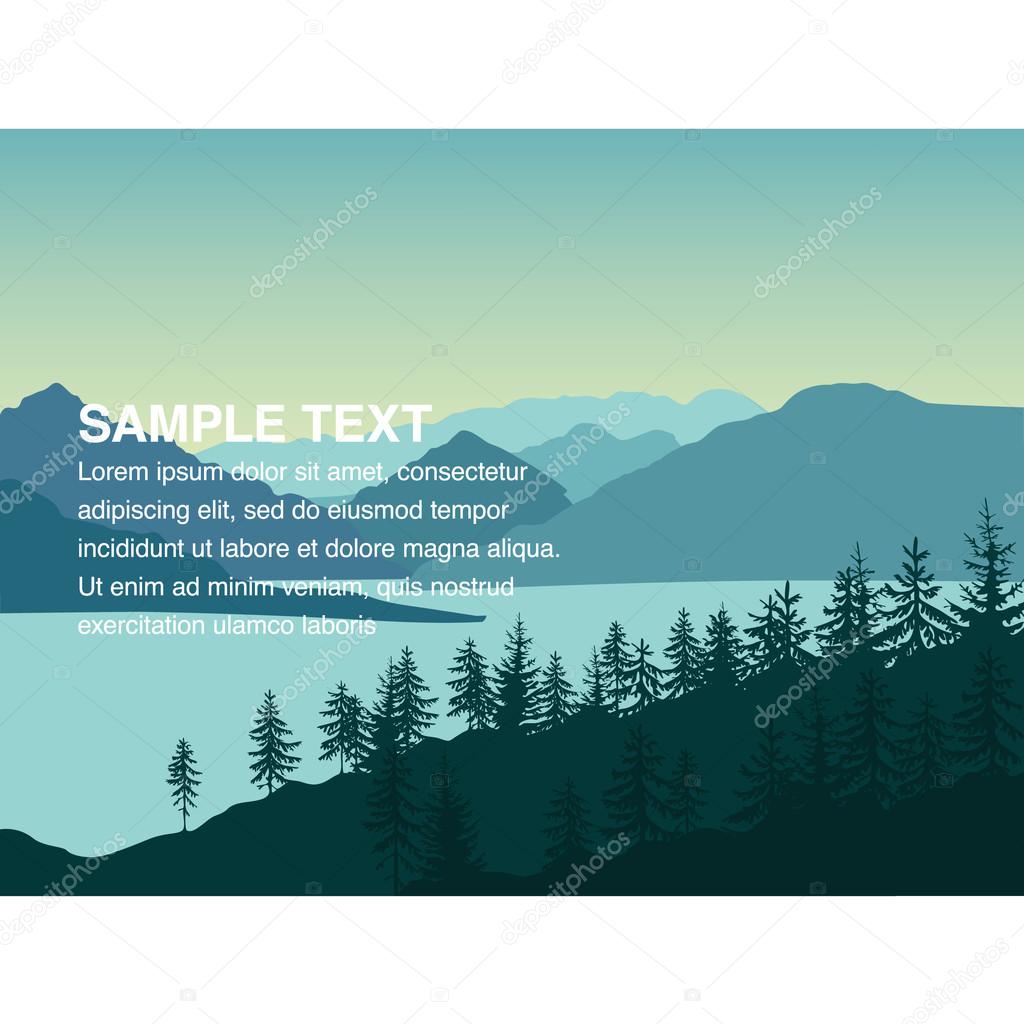 Landscape illustration of mountains near the lake and forest with copy space in the centre. You can use it like background for your logo, banner, or for landing page.