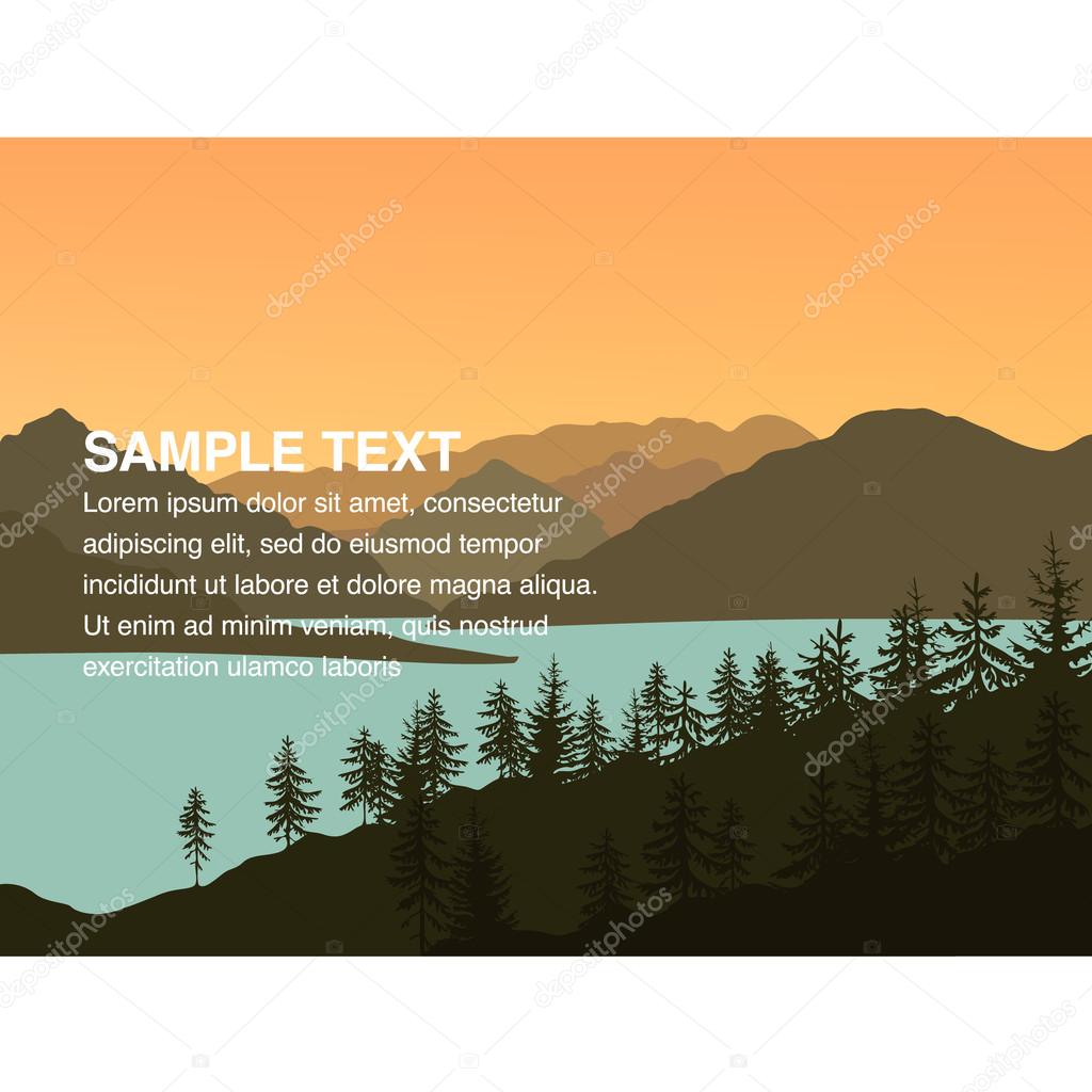 Landscape illustration of sunset mountains near the lake with copy space in the centre. You can use it like background for your logo, banner, or for landing page.