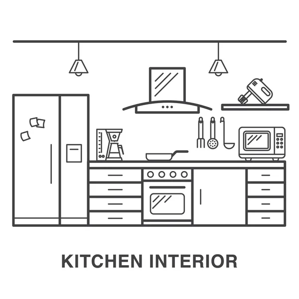 Ilustração interior da cozinha com aparelhos em estilo de arte de linha . — Vetor de Stock