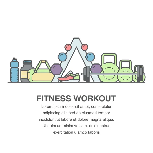 Conceito plano de publicidade fitness com sinos burros, saco esportivo, tênis, garrafa de proteína, garrafa de esporte e barra . — Vetor de Stock