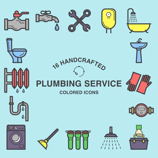 16 iconos de colores hechos a mano para el servicio de plomería — Archivo Imágenes Vectoriales