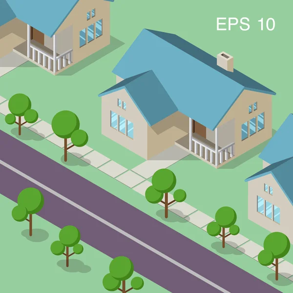 Ilustración isométrica del barrio con casas hermanas en la calle, césped, acera en el frente de edificios y árboles verdes isométricos . — Vector de stock