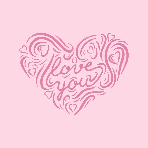 Forma de corazón dibujado a mano de color rosa claro con letras "Love you" en el centro de la composición es ideal para la tarjeta del día de San Valentín . — Vector de stock
