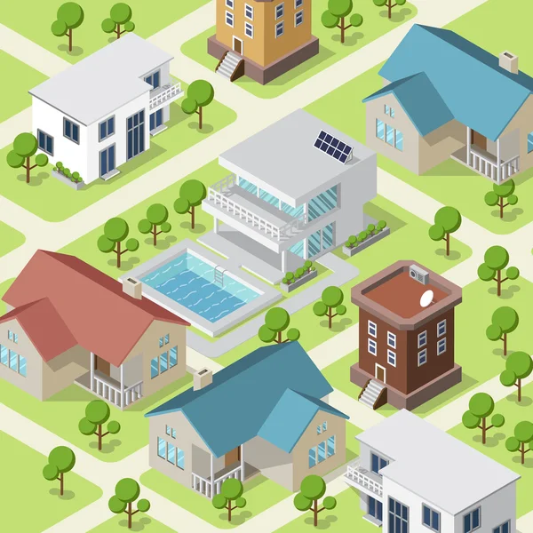 Isometrisk illustration av liten stad eller by med moderna hus och träd på gatorna. — Stock vektor
