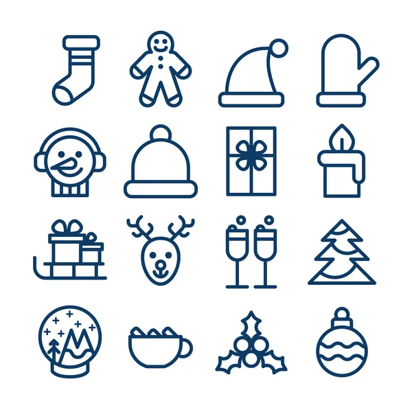 Christmas Icons Set: cookie-adam, şapka, çorap, Noel top, hediyeler, kardan adam, geyik. — Stok Vektör