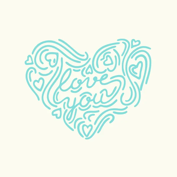 Forma de corazón dibujado a mano con letras "Love you" en el centro de la composición es ideal para la tarjeta del día de San Valentín . — Vector de stock