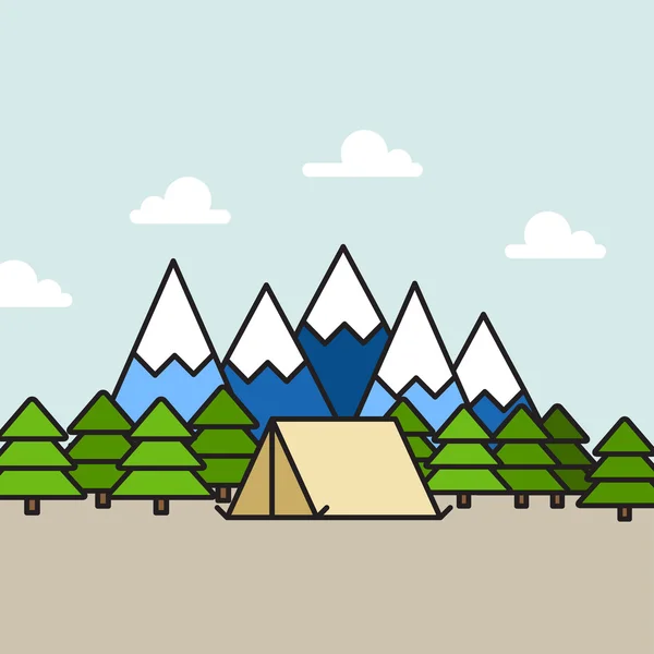 Scène de camping dans les montagnes : tente et arbres de camping, montagne et ciel clair en arrière-plan — Image vectorielle