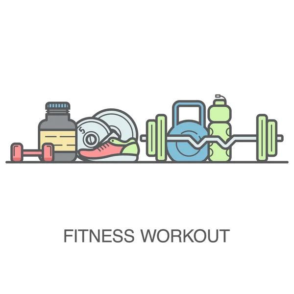 Fitness vektör arka plan ile fitness ekipmanları kutsal kişilerin resmi. Düz jimnastik salonu açık veya afiş reklam kavramı.