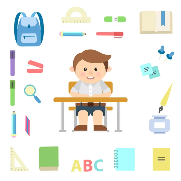 Chico lindo personaje en la escuela — Vector de stock