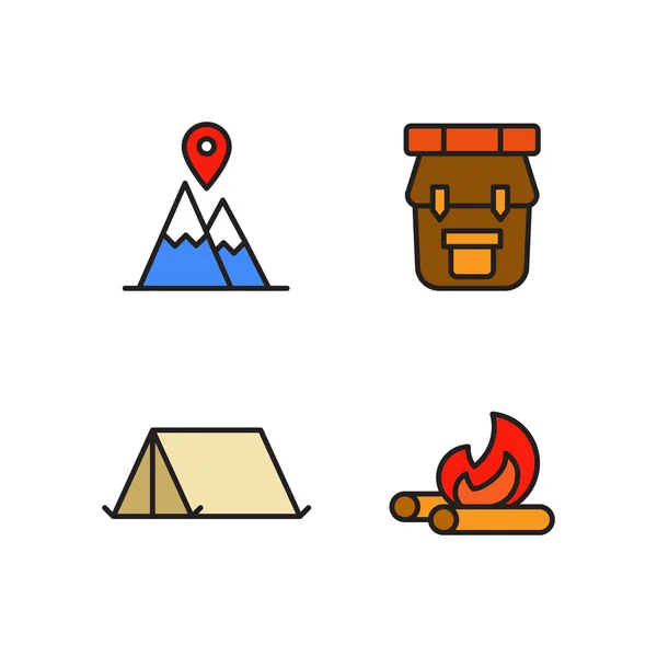 Комплект кемпингов: горный пункт назначения, рюкзак, палатка для кемпинга и лес для костра — стоковый вектор