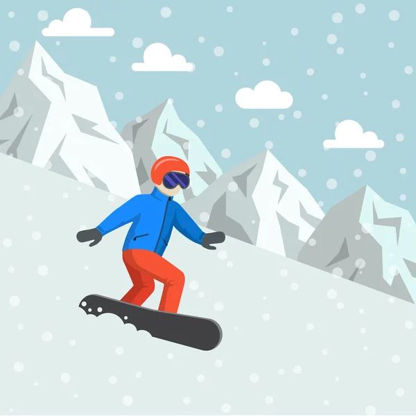 Snowboarder op het bord rijden in de bergen — Stockvector