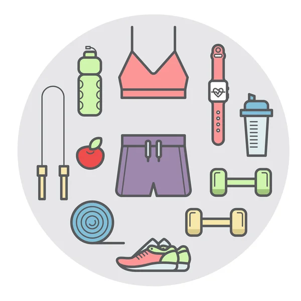 Fitnessgeräte und Kleidungsstücke in Kreiszusammensetzung. Vektor-Designelemente für Fitness-Werbung. — Stockvektor