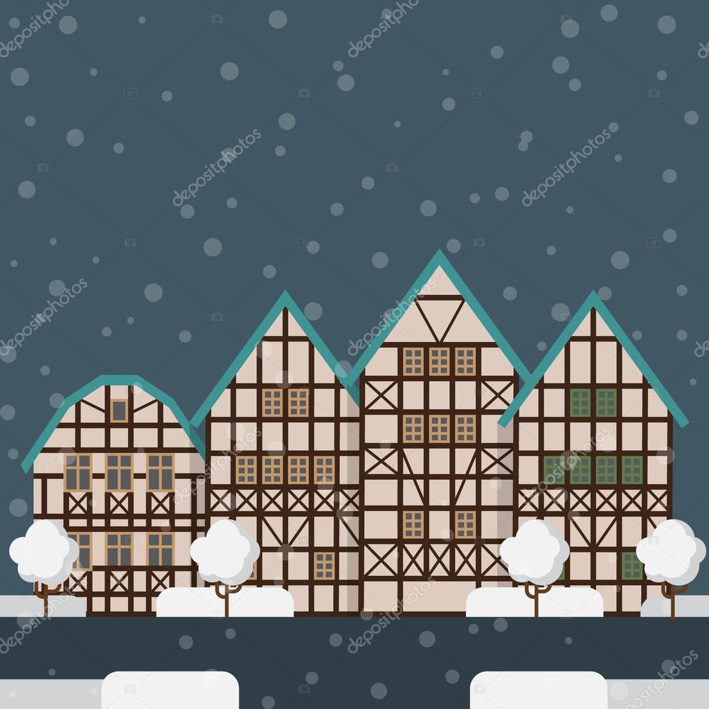 Winter city, german town vector design template. Winter houses and buildings icons.