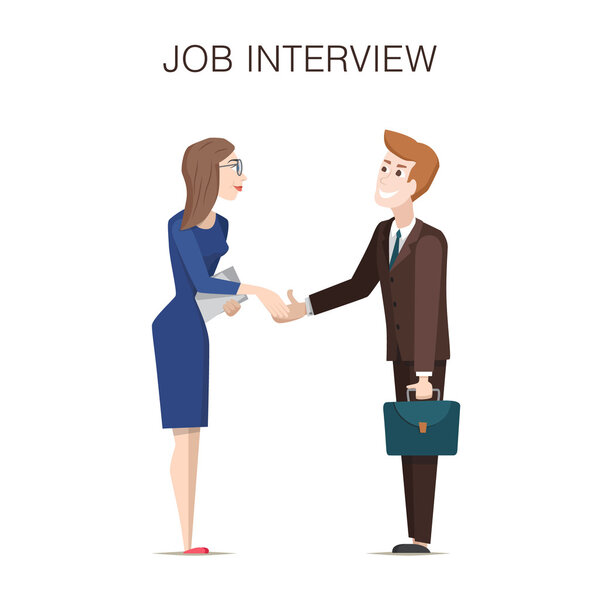 Job interview illustration with characters on white background.