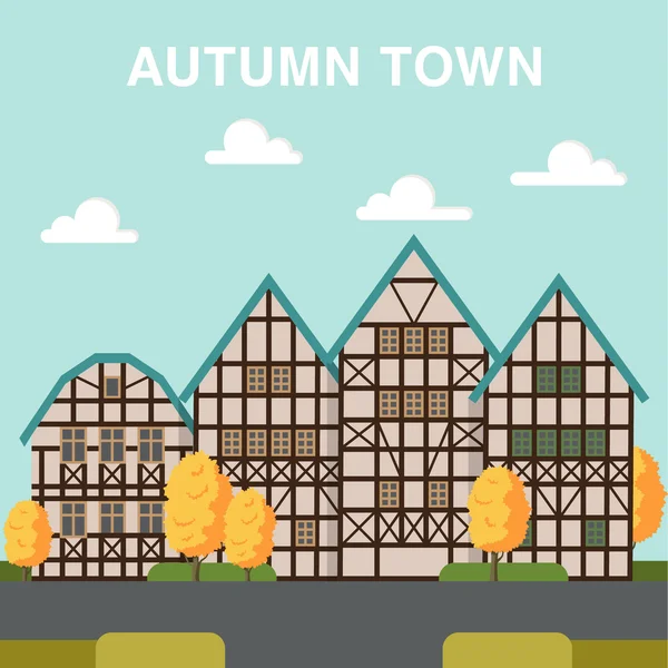 Ilustración de la ciudad de otoño con casas cruzando la calle y orang — Vector de stock