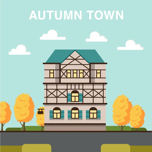 Ilustración de otoño con calle, casa y naranjos . — Vector de stock