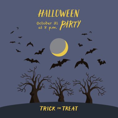 Uçan yarasalar ve ağaçlar siluetleri Cadılar Bayramı illüstrasyon