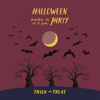 Yarasalar ve ağaçlar siluetleri ile mor Cadılar Bayramı arka plan.