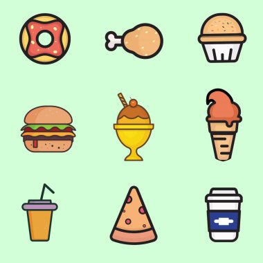 Cyan arkaplan tasarımı üzerinde izole yiyecek simgeleri kümesi