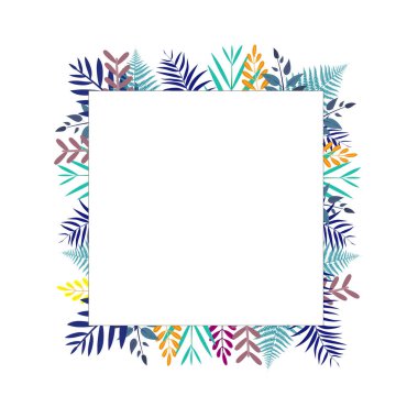 Beyaz kare izole edilmiş beyaz arkaplan vektör tasarımında renkli yaprak çerçeve deseni