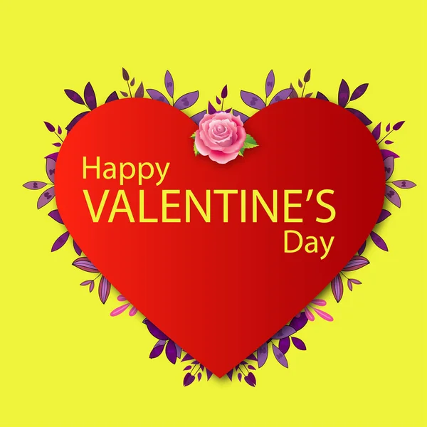 Счастливый Валентина Типографика Красным Сердцем Цветок Рамка Изолированы Желтом Фоне — стоковый вектор
