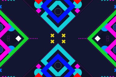 Mavi arkaplan tasarımında izole edilmiş simetrik şekillere sahip renkli soyut süsler