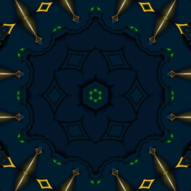 Mavi gradyan tasarımı üzerinde simetrik 3D ve parlak şekiller içeren soyut arkaplan