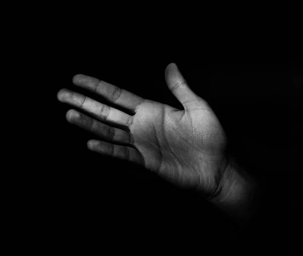 Hand Gesture Expressing Good Intentions Threat Empty Palm Dark Background — Stock Photo, Image