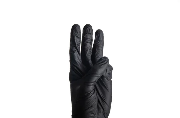 Isoleerbare Mannen Hand Een Zwarte Rubberen Handschoen — Stockfoto