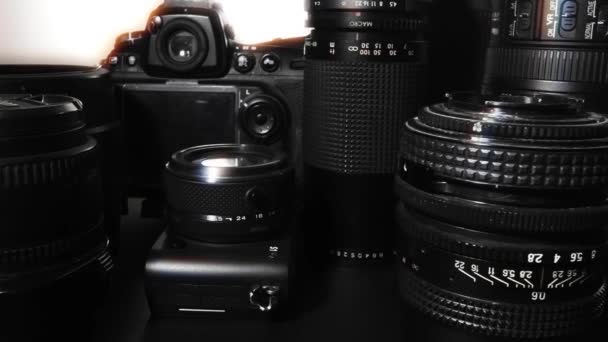 Equipamento Profissional Para Fotografia Lentes Câmeras — Vídeo de Stock