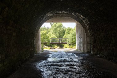 İçinden bir nehir akan bir tünel ve üzerinde yoğun yeşilliklerle çevrili bir köprüden görülebilir.
