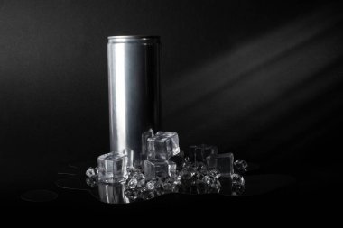 Uzun, dar gümüş teneke kutu, koyu bir arka plan ve tabanda buz parçaları.