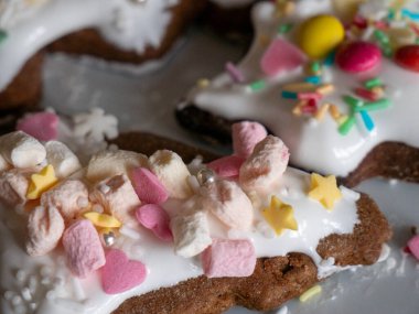 Kremalı ev yapımı kurabiyeler ve çikolatalı zencefilli kurabiyeler kremalı ve şekerli. Marşmelovlu noel pastası ve zencefilli ekmek. Noel için tabakta kurabiyeler. Renkli tatlı kurabiyelerin yakın görüntüsü Renkli krema ve serpiştirme.