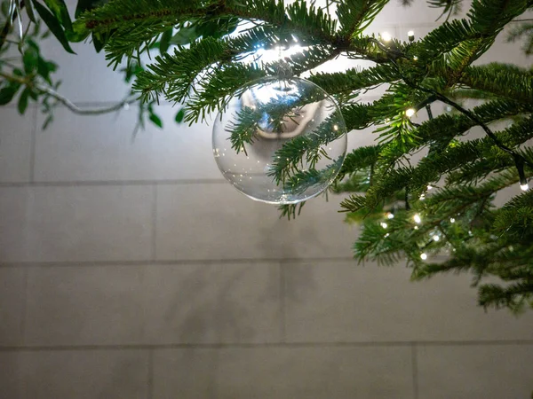 Yılbaşı ağacının arka planında ışıklar ve süslemeler olan yılbaşı ağacı dalları. Oyuncaklarla Noel ağacı.