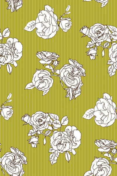 Patrón floral sin costuras rosas blancas sobre fondo rayado lima — Vector de stock