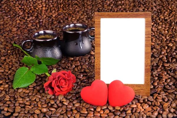 Ramka na zdjęcie, kawę i serca — Zdjęcie stockowe