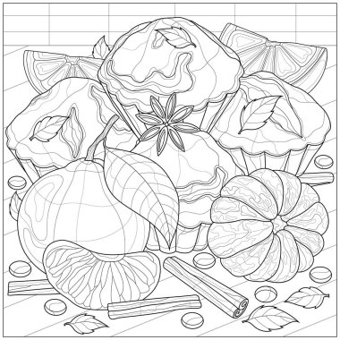 Mandalina, tarçın ve anason kaplı kekler. Çocuklar ve yetişkinler için boyama kitabı antistresi. Zen-tangle tarzı. Siyah-beyaz çizim.