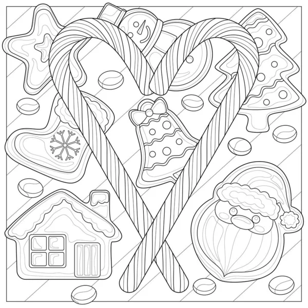 Dulces Navidad Pan Jengibre Libro Para Colorear Antiestrés Para Niños — Vector de stock