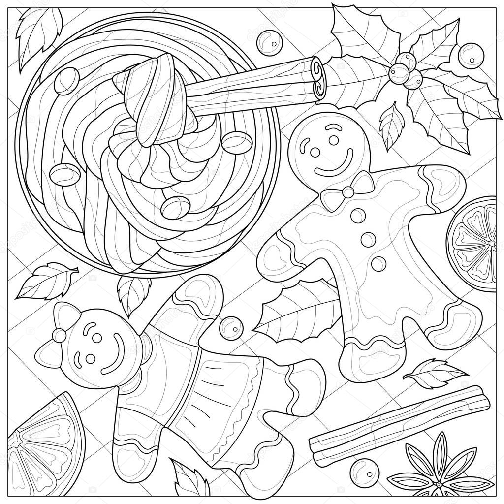 Christmas drink with gingerbread.Coloring book antistress for children and adults.Zen-tangle style.Black and white drawing