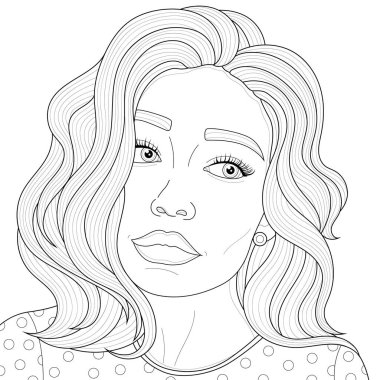 Kız. Çocuklar ve yetişkinler için boyama kitabı antistresi. Zen-karmaşası tarzı. Siyah beyaz çizim