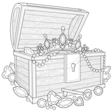 Hazine sandığı. Çocuklar ve yetişkinler için boyama kitabı antistresi. Zen-karışıklık tarzı. Siyah-beyaz çizim.