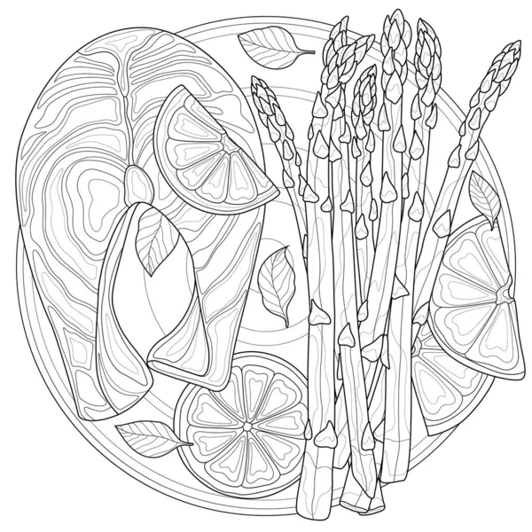 Salmón Con Espárragos Limón Albahaca Una Mesa Libro Para Colorear — Archivo Imágenes Vectoriales