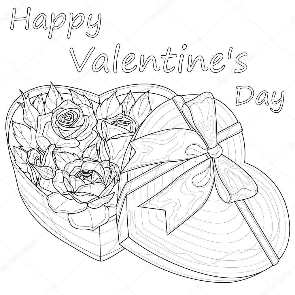 Heart shaped box with roses. Valentine's Day.Coloring book antistress for children and adults. Zen-tangle style.Black and white drawing.