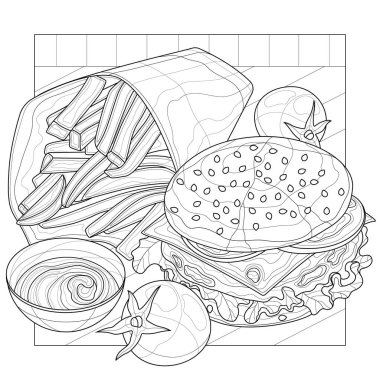 Fast food. Hamburger, patates kızartması ve sos. Çocuklar ve yetişkinler için boyama kitabı antistresi. Resimler beyaz arkaplanda izole edildi. Zen-tangle tarzı.