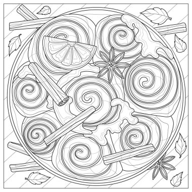 Tarçın ruloları. Çocuklar ve yetişkinler için boyama kitabı antistresi. Resimler beyaz arkaplanda izole edildi. Zen-tangle tarzı.